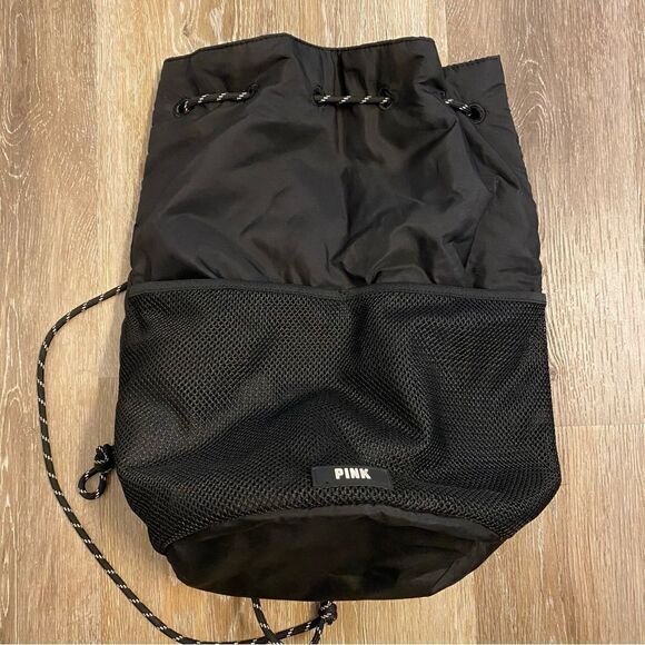 PINK by Victoria’s Secret Black Cinch Sack bucket Backpack tote purse beach - Picture 4 of 10